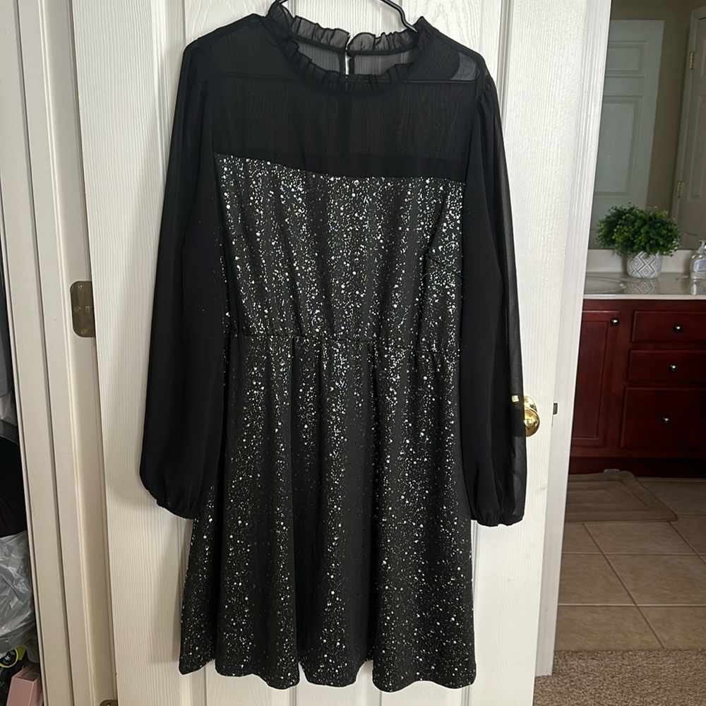 SHEIN Black Long Sleeve Sparkle Midi Dress